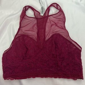 Intimately Free People Maroon Lace Mesh High Neck Bralette, size Medium